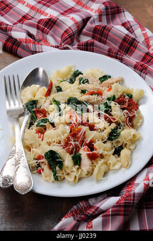 Warm salad pasta with chicken, sun dried tomatoes, spinach, pepper and  flavored   parmesan cheese Stock Photo