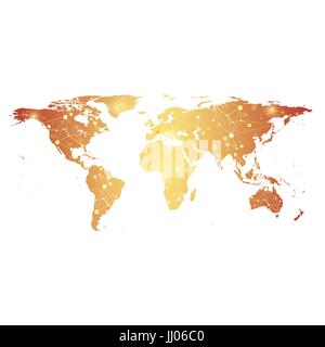 Golden Political World Map with global technology networking concept. Digital data visualization. Scientific cybernetic particle compounds. Big Data background communication. Vector illustration. Stock Vector