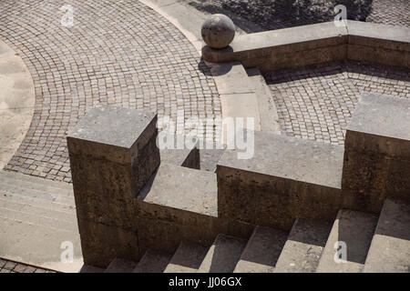 stairs. Top view of modern architecture detail. Refined fragment of contemporary office interior / public building. Stock Photo