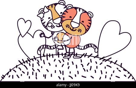 silhouette color sections scene sky landscape and grass with caricature couple of tigers one carrying the other