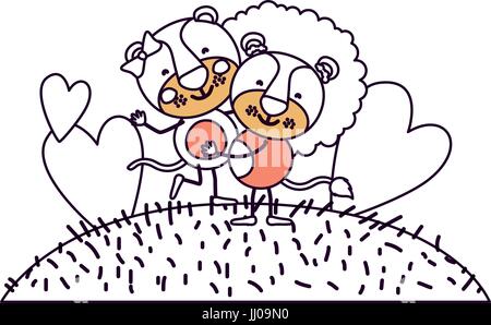 silhouette color sections scene sky landscape and grass with caricature couple of lioness and lion one carrying the other