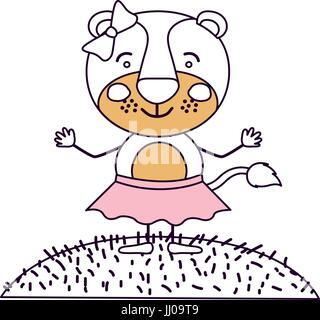 silhouette color sections scene sky landscape and grass with caricature cute expression lioness in skirt with bow lace