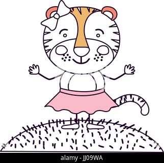 silhouette color sections scene sky landscape and grass with caricature cute expression tigress in skirt with bow lace
