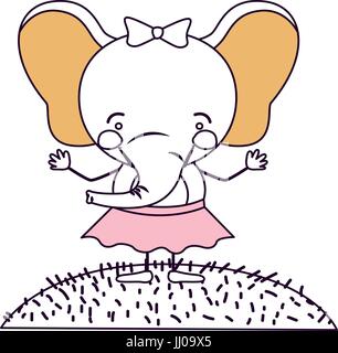 silhouette color sections scene sky landscape and grass with caricature cute expression elephant in skirt with bow lace