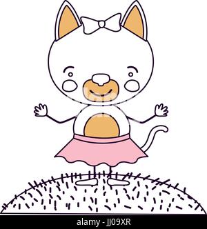 silhouette color sections scene sky landscape and grass with caricature cute expression cat in skirt with bow lace