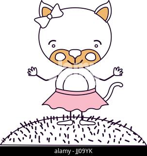 silhouette color sections scene sky landscape and grass with caricature cute expression kitten in skirt with bow lace
