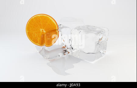 Slice orange frozen in ice cube. 3d rendering Stock Photo