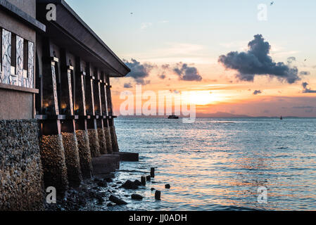 side view of masjid al hussain a floating mosque extends over the Straits of Malacca in evening at kuala perlis, malaysia Stock Photo