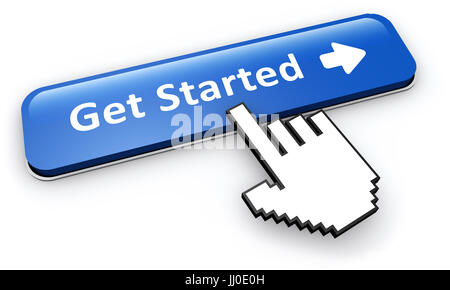Get started concept with hand cursor clicking on a blue web button with sign and arrow 3D illustration. Stock Photo