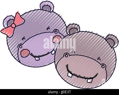 color crayon silhouette faces of hippo couple animal happiness expression Stock Vector