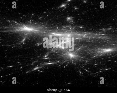 Young starts in deep space, computer generated fractal intensity map background, 3D rendering, black and white Stock Photo