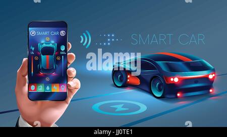 smartphone application to control the smart car by internet. Security system smart car. the smart car sends information about its status to the phone. Stock Vector