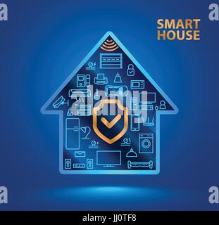 Symbol silhouette smart house with icons of household appliances. The shield icon. Protecting your home from hackers or robbers. Security of the  iot Stock Vector