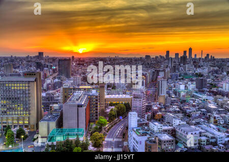 The city skyline at sunset from the Bunkyo Civic Center Building, Tokyo, Japan. Stock Photo