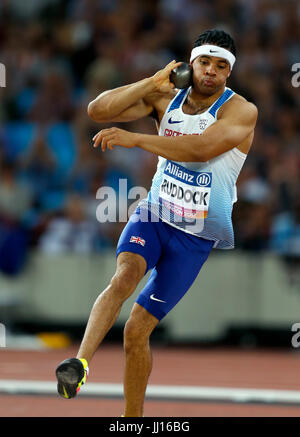 Great Britain's Sam Ruddock in the Men's Shot Put F35  during day three of the 2017 World Para Athletics Championships at London Stadium. PRESS ASSOCIATION Photo. Picture date: Sunday July 16, 2017. See PA story ATHLETICS Para. Photo credit should read: Paul Harding/PA Wire. RESTRICTIONS: Editorial use only. No transmission of sound or moving images and no video simulation Stock Photo