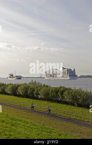 cruise ship Aida Prima on river Elbe near Luehe, Altes Land, Lower Saxony, Germany Stock Photo