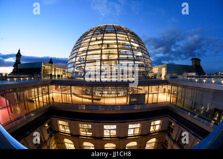 Berlin. Germany. Exterior of the Reichstag dome and roof terrace at night. Stock Photo