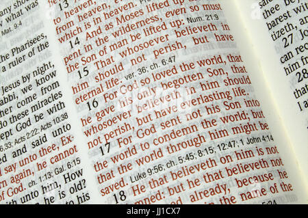 The bible open to a passage, John 3:16 Stock Photo