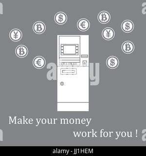 Stylized icon of a colored automatic teller machine or ATM and different types of currency and Bitcoins. Design for banner, poster or print. Stock Vector