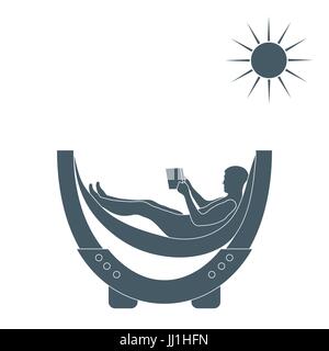 Vector illustration of man resting in a hammock with a book on a white background Stock Vector