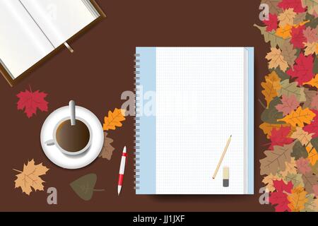 Cup of coffee, part of an open book and a blank notepad ready for your text are lying on a brown wooden table. The edge forms colorful autumn leaves. Stock Vector