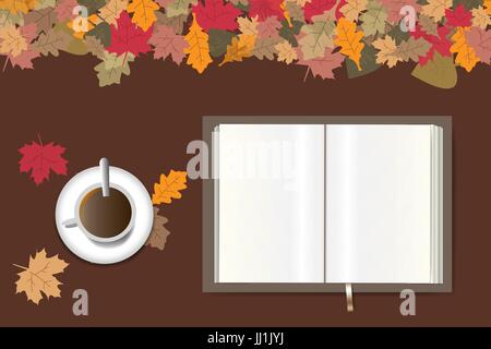 Blank open book ready for your text and cup of coffee are lying on a brown wooden table. The top edge forms colorful autumn leaves. Stock Vector