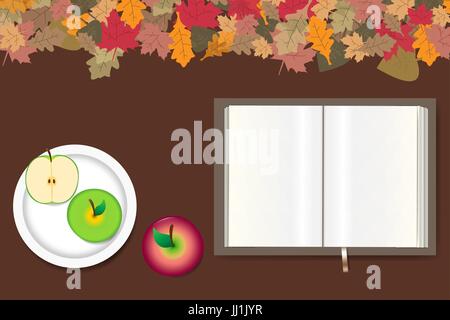 Blank open book ready for your text, red apple and white plate with green apples are lying on a brown wooden table. The top edge forms colorful autumn Stock Vector