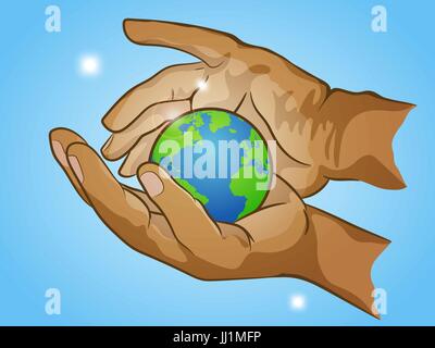 two hands holding planet Earth, cherish the globe, hand drawn vector illustration Stock Vector