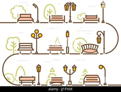 Linear abstract street with park elements. Forest tree, park bench and lantern, vector illustration Stock Vector