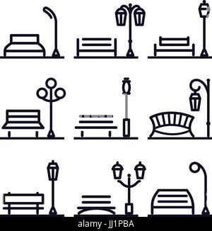 Monochrome linear abstract landscape design element set, park street elements. Park bench and lantern, vector illustration and logos collection Stock Vector