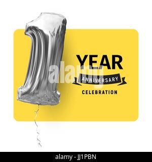 Card greeting template with black logo text and inflatable balloon. First year life, happy birthday, congratulations poster yellow color background. H Stock Vector