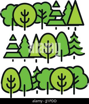 Isolated green color trees in lineart style set, forest,park and garden flat vector illustrations collection. Stock Vector