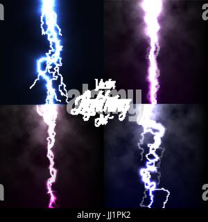 Lightning flash light thunder spark on black background with clouds set.Vector spark lightning or electricity blast storm or thunderbolt in sky.Natura Stock Vector