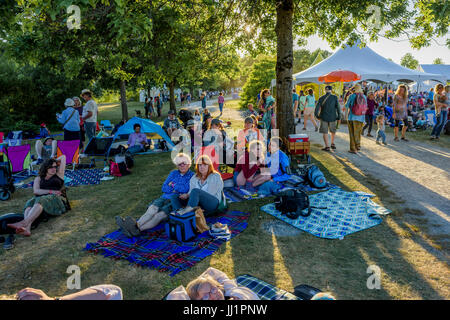 Crowd enjoys the 40th Annual Vancouver Folk Music Festival, Vancouver, British Columbia, Canada. Stock Photo