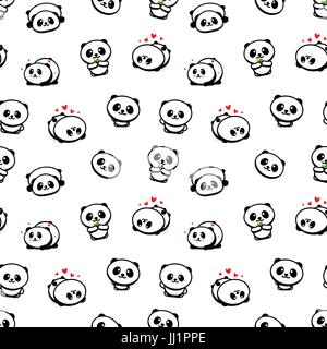 Seamless Pattern with Cute Panda Asian Bear Vector Illustrations, Collection of Chinese Animals Simple Texture Elements, Black and White mammals Icons Stock Vector