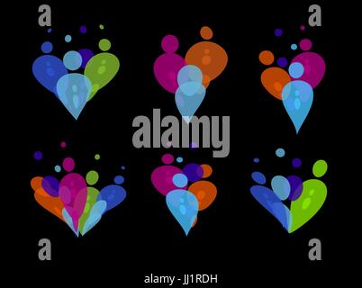 Colorful People party SiIhouetes of transparent bubbles vector logo set on black background. Isolated abstract hearts of human figures icons collectio Stock Vector
