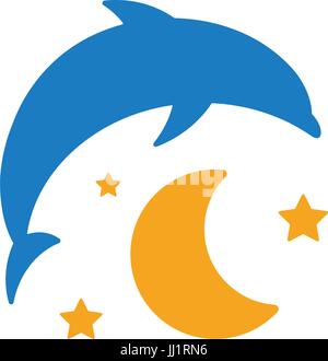 Blue dolphin, yellow moon and starry sky logo on white background. Children night light, sleep vector illustration Stock Vector