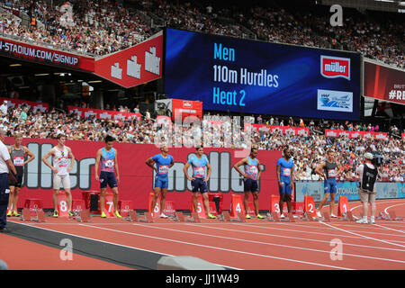 Start of for the Men's 110m Hurdles Heat 2 at the 2017 IAAF Diamond League, Anniversary Games, Queen Elizabeth Olympic Park, London, UK. Stock Photo