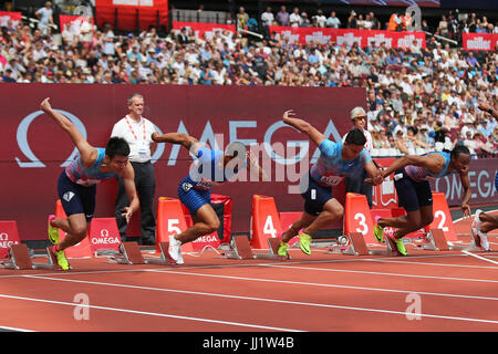 Start of for the Men's 110m Hurdles Heat 2 at the 2017 IAAF Diamond League, Anniversary Games, Queen Elizabeth Olympic Park, London, UK. Stock Photo