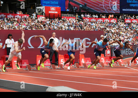 Start of for the Men's 110m Hurdles Heat 2 at the 2017 IAAF Diamond League, Anniversary Games, Queen Elizabeth Olympic Park, London, UK. Stock Photo