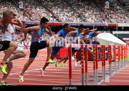 Start of for the Men's 110m Hurdles Heat 2 at the 2017 IAAF Diamond League, Anniversary Games, Queen Elizabeth Olympic Park, London, UK. Stock Photo