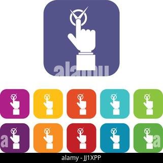 Hand finger pressing button with tick icons set Stock Vector