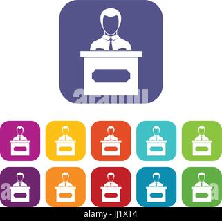 Businessman giving presentation icons set flat Stock Vector