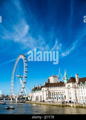 London Eye and The South Bank, County Hall Building, River Thames, London, England Stock Photo