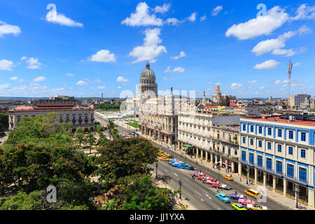 Havana rooftops, panorama with Parque Central, Paseo de Marti (Paseo Prado), Gran Teatro and El Capitolio, Cuba Stock Photo