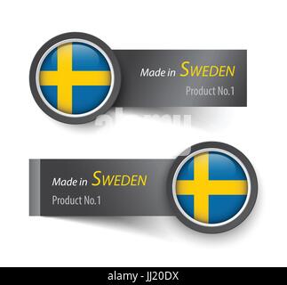 Flag icon and label with text made in Sweden . Stock Vector