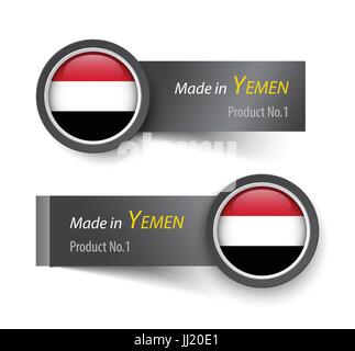 Flag icon and label with text made in Yemen . Stock Vector