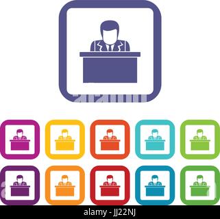 Orator speaking from tribune icons set flat Stock Vector