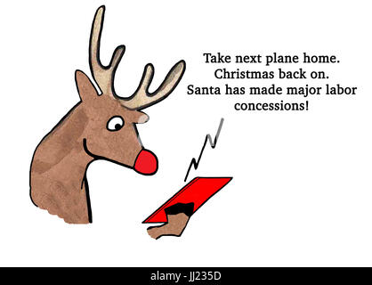 Christmas cartoon about the reindeer winning a labor negotiation with Santa Claus. Stock Photo