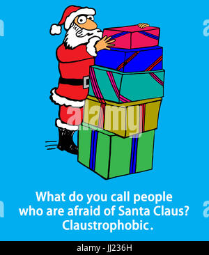 Christmas cartoon illustration of Santa Claus and a pun about those afraid of him. Stock Photo